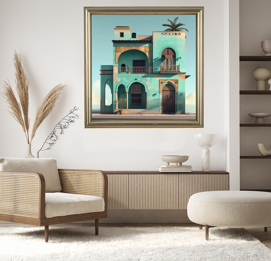Tableau Décoratif Maison Orientale en Teintes Turquoises - Artibar Tableaux de décoration Art abstrait 